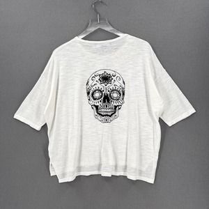 SKULL CASHMERE Sweater Womens XS White Sugar Skull Print 3/4 Sleeve Lightweight